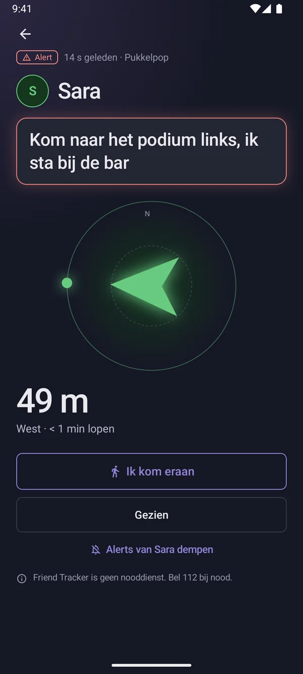 Ein Alarm von Sara auf Android: „Komm zur Bühne links, ich bin an der Bar“, mit einem Pfeil zu ihr in 49 Metern Entfernung und den Buttons „Bin unterwegs“ und „Gesehen“.