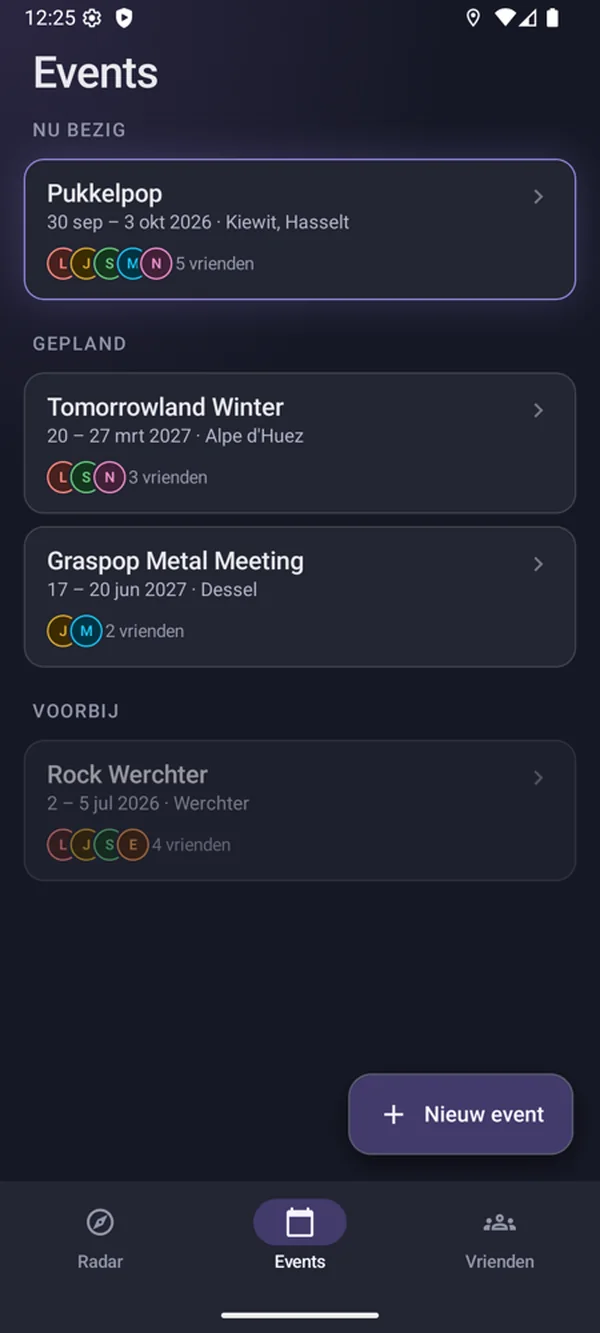De eventlijst op Android met de knop Nieuw event rechtsonder.