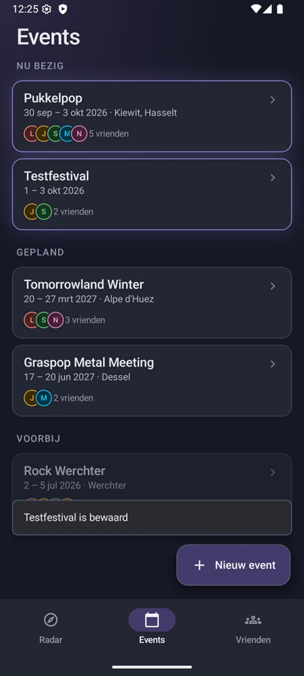 Na het bewaren verschijnt het nieuwe event bovenaan, met een bevestiging onderaan het scherm.