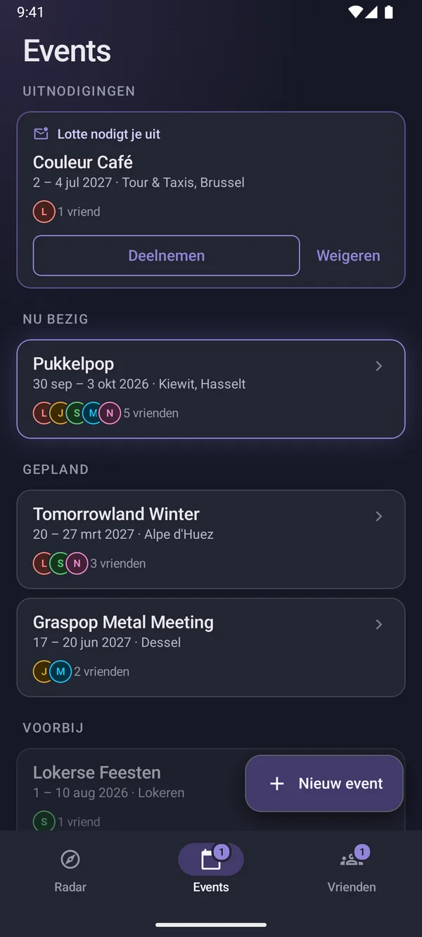 Die Eventliste auf Android mit der Einladung von Lotte zum Couleur Café ganz oben, Pukkelpop als „Läuft gerade“ und dem Button „Neues Event“.