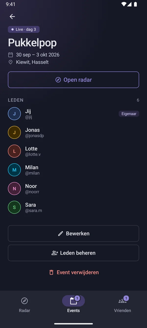 Die Eventdetails von Pukkelpop auf Android mit dem Button „Radar öffnen“, den Mitgliedern und den Buttons „Bearbeiten“ und „Mitglieder verwalten“.