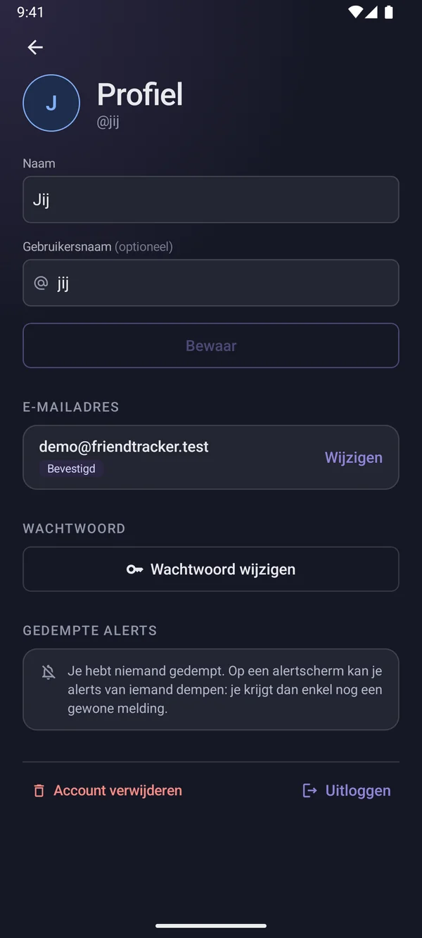 Das Profil auf Android mit Name, Benutzername, bestätigter E-Mail-Adresse, Passwort ändern und stummgeschalteten Alarmen.
