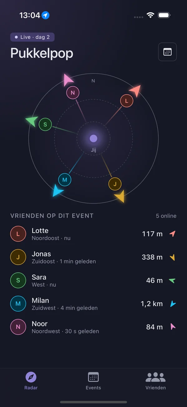Het Radar-scherm van Friend Tracker op een iPhone.