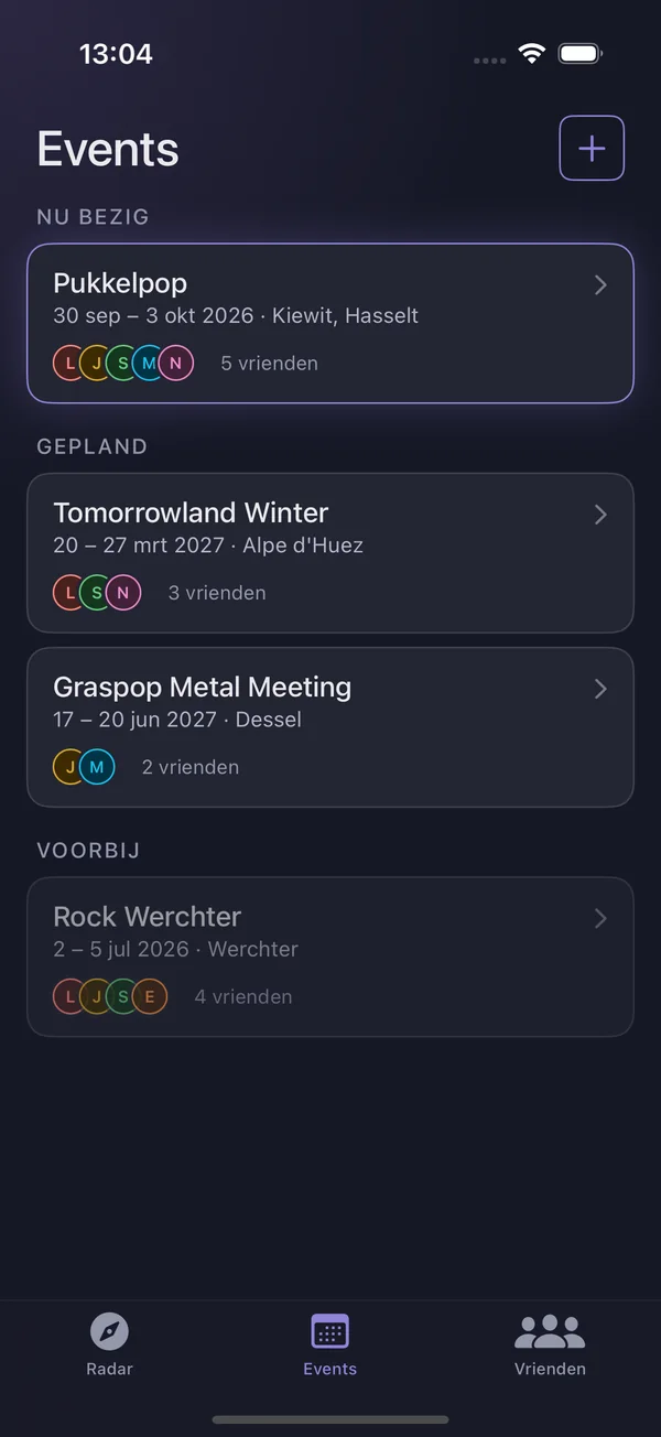 Overzicht van events, gegroepeerd in Nu bezig, Gepland en Voorbij.