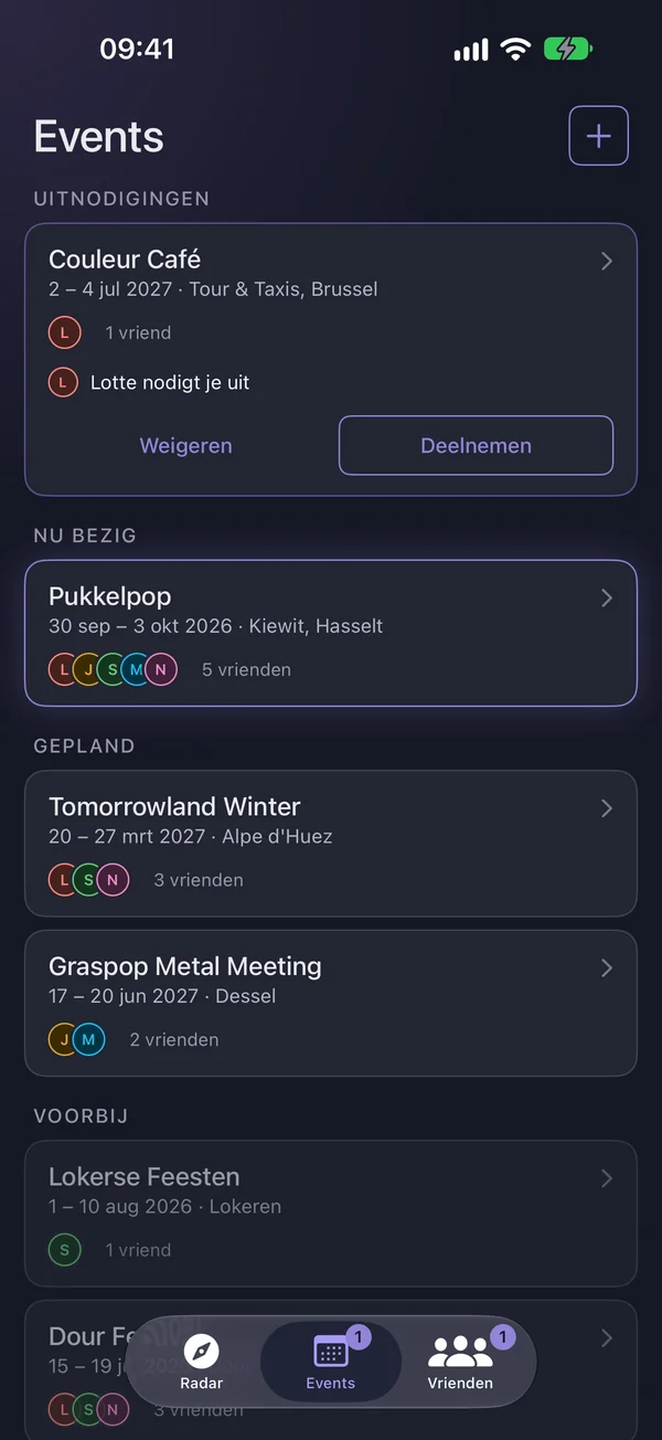Events mit einer Einladung von Lotte zum Couleur Café ganz oben, die du annehmen oder ablehnen kannst, darunter Pukkelpop als „Läuft gerade“ und die geplanten Events.