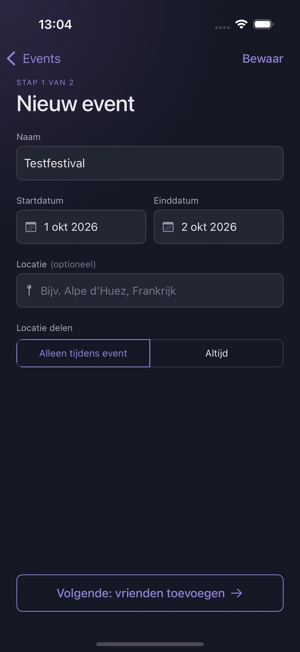 Een nieuw event aanmaken met naam, start- en einddatum, locatie en de keuze om locatie alleen tijdens het event te delen.