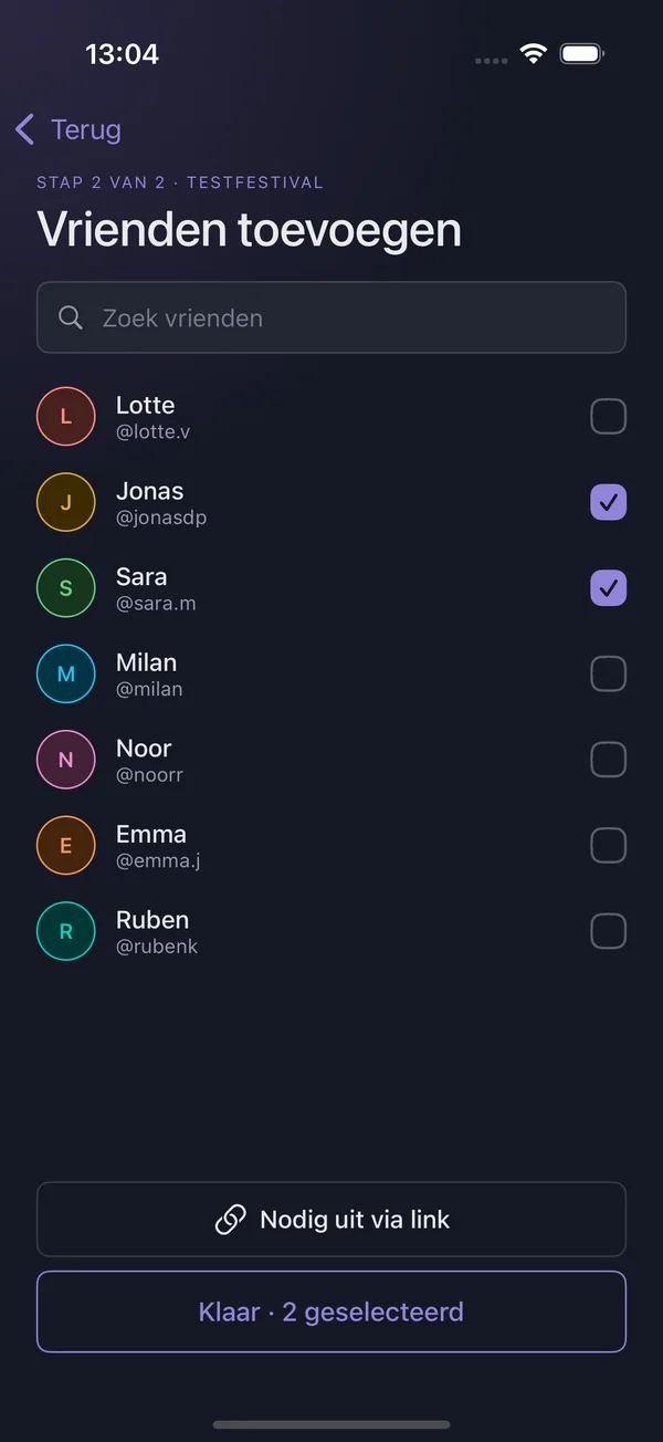 Vrienden kiezen voor een event, met zoekveld en vinkjes.