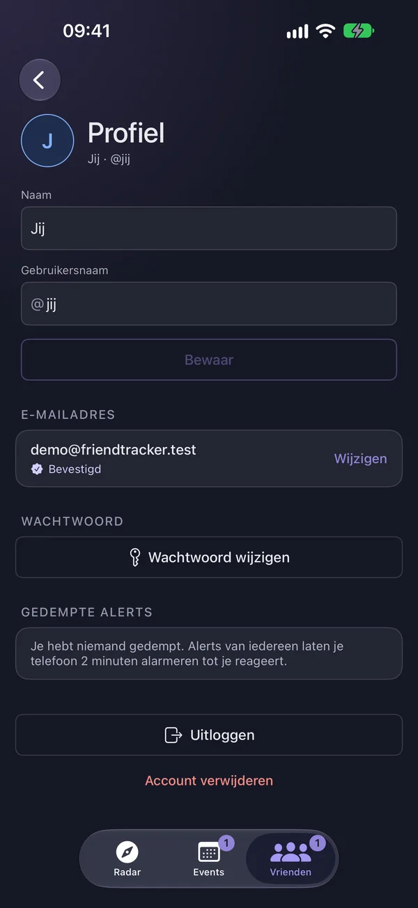 Das Profil mit Name, Benutzername, bestätigter E-Mail-Adresse, Passwort ändern und stummgeschalteten Alarmen.